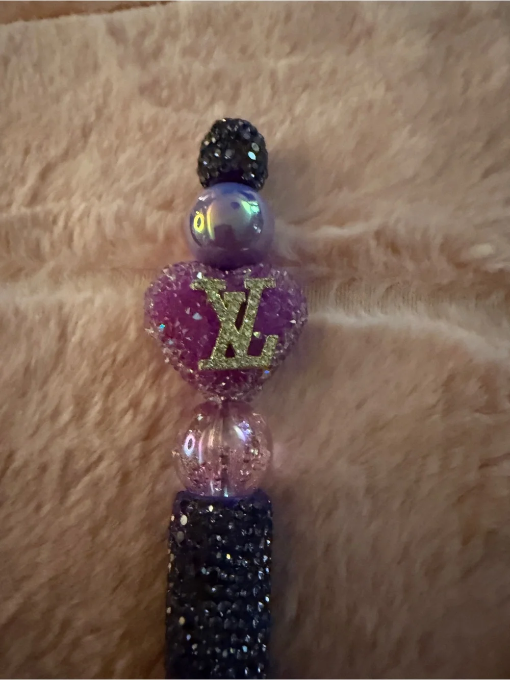 Louis Vuitton Purple Heart Beaded Phone Charm with Black Sparkle Beads